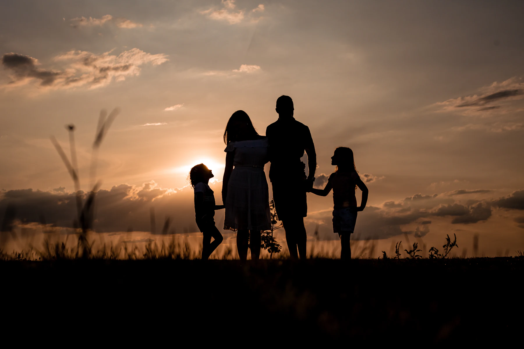 A family silhouetted against a sunset sky